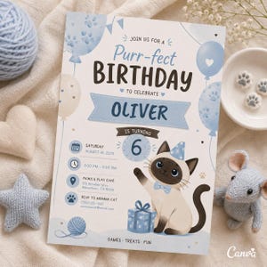 May include: A rectangular birthday invitation card featuring a Siamese cat illustration, blue balloons with paw prints, and the text: Join us for a Purr-fect Birthday to celebrate Oliver is turning 6, Saturday August 16, 2025, 2:00 PM - 5:00 PM.