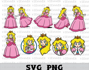 Princesse Peach Svg, princesse Svg, jeux Svg, Super Mario Svg, couper des fichiers pour Cricut, Png