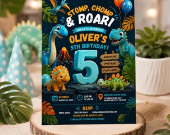 Dinosaur Birthday Invitation Template, Editable Canva Dino Birthday Invite, Printable Dinosaur Party Invitation for Boys H636