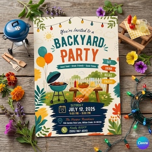 May include: A backyard party invitation card featuring colorful balloons, a charcoal grill, and a picnic table illustration. The text reads: You're Invited to a BACKYARD PARTY, Good Food, Great Friends, Good Times, EAT, DRINK, RELAX, ENJOY, SATURDAY JULY 12, 2025, 4:00 PM - 9:00 PM, The Harper Residence, 456 Garden View Lane, Willow Creek, CA 85720, Kindly RSVP (555) 987-6543.