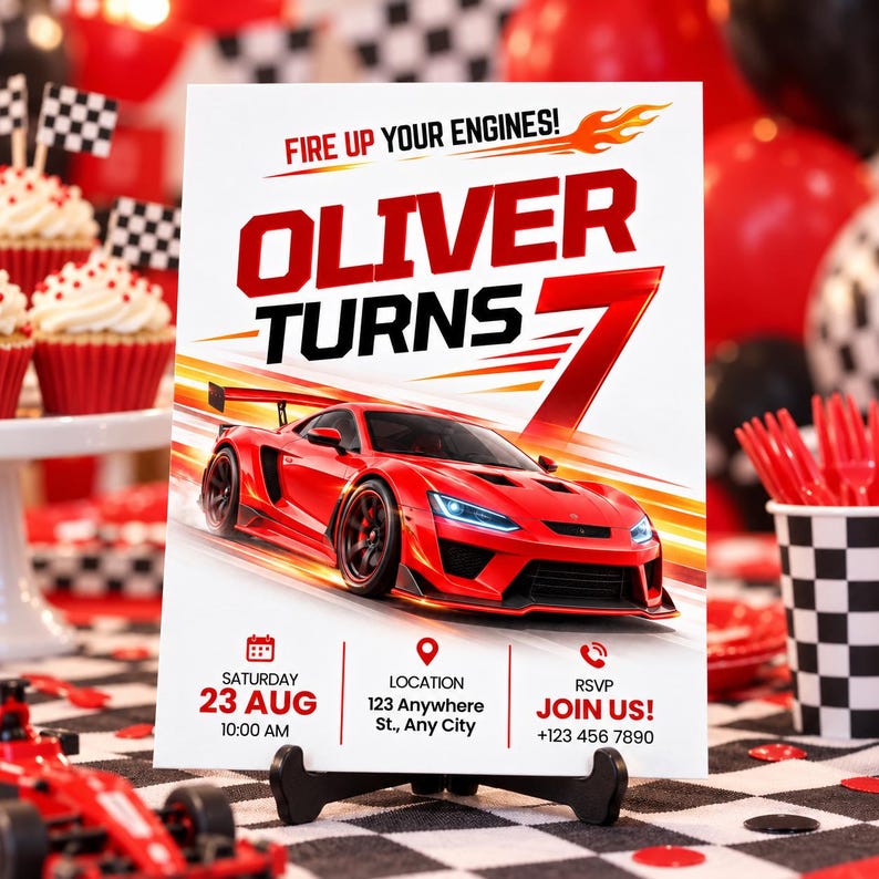 Racing Car 7th Birthday Invitation, Red Sports Car Birthday Party ...