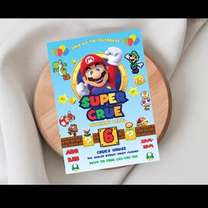 Faire-part d'anniversaire Super Mario, Invitation Mario Bros, garçon Super Brothers, jeu vidéo, invitation enfant, modèle modifiable, toile modifiable