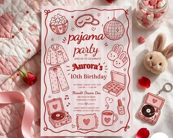 May include: A rectangular invitation for Aurora's 10th birthday pajama party on August 16th, 2025. The pink and white striped card features red line art illustrations of pajamas, a disco ball, pizza, a record player, and a sleep mask.
