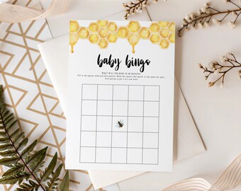 Bee Baby Shower Bingo Template, Printable Baby Shower Bingo Instant Download, Honeycomb Baby Shower Bingo, Bumble Bee Baby Game DIY  307V4