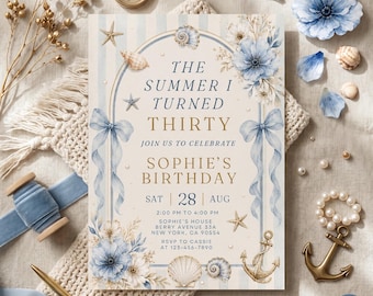 The Summer I Turned Thirty Invitation, Any Age Invitation, Coastal 30th Birthday Invitation, Beach Party Invitation, Editable Canva