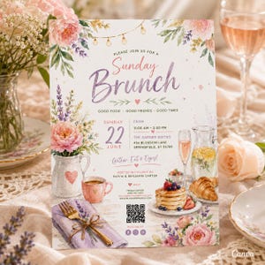 Peut inclure: Une carte d'invitation pour un brunch du dimanche avec des illustrations aquarelles de pivoines roses et de lavande. Le texte indique : Please join us for a Sunday Brunch, Good Food Good Friends Good Times, Sunday 22 June, 11:00 - 14:30, The Garden Bistro, 456 Blossom Lane, Springfield, ST 56789, Gather, Eat & Enjoy!, Hosted with love by Olivia & Benjamin Carter, RSVP Megan Carter (555) 987-6543, hello@blossombrunch.com, www.blossombrunch.com, et inclut un code QR.