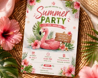 Summer Party Invitation Template, Editable Canva Tropical Flamingo Pool Party Invite, Luau Invitation, Printable Summer Invite H652