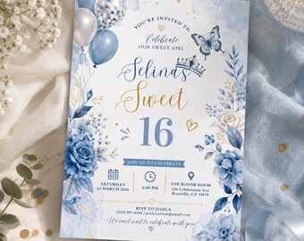 Sweet 16 Invitation Template, Blue Floral Sweet Sixteen Invite, Editable Canva Birthday Invitation, Printable Sweet 16 H655