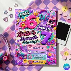 Puede incluir: Una colorida tarjeta de invitación de cumpleaños con el texto I WAS 6 NOW I'M 7 Bella's Seventh Birthday. El diseño incluye un patín, auriculares, una cámara, un mando de juego y los detalles de la fiesta para el sábado 24 de agosto.