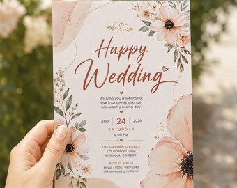 Happy Wedding Invitation Template, Editable Canva Wedding Invite, Floral Wedding Invitation, Printable Wedding Card Download H646