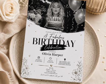 Photo Birthday Invitation Template, Editable Canva Birthday Invite, Modern Black and White Birthday Invitation, Printable Party Card H635