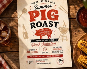 Summer Pig Roast Invitation Template, Editable Canva BBQ Party Invite, Backyard Cookout Invitation, Printable BBQ Invite H651