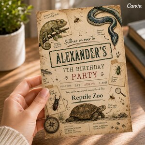 May include: A vintage-style birthday party invitation with reptile and insect illustrations. The invitation features a chameleon, snake, beetle, and turtle, with the text "Alexander's 7th Birthday Party" and event details.