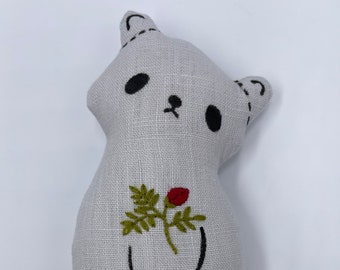 Handmade Natural Linen Cute Primitive Bear Toy with a floral embroidery