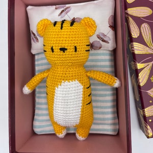 Cute Handmade Crochet Sleeping Tiger in a Bed Box Toy, Unique Present for Children, from 100% Natural Cotton, Amigurumi