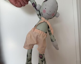 Handmade Floral Cotton Linen Stuffed Monkey Toy, Removable Clothes