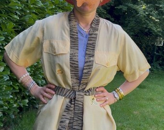 100% Silk Kimono Blouse – Butter Yellow Boho Summer Top, Belt Included