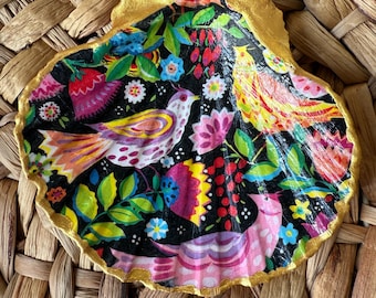 Decoupaged Scallop Shell Ring Dish, Handmade Floral Jewelry Tray