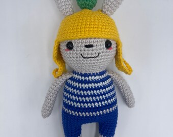 Handmade Crochet Bunny Toy in Hat, 100% Cotton Amigurumi