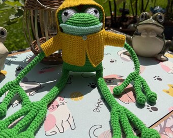 Crochet Frog Amigurumi Doll, Yellow Rain Jacket, Handmade Cotton Toy Large size