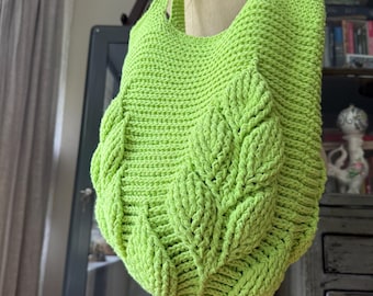 Handmade Crochet Beach Bag, 3D Leaf Pattern, Green Cotton Yarn