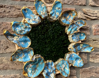 Handmade Oyster Shell Mirror, Van Gogh Print Decor