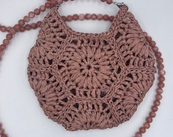 Handmade Raffia Crochet Crossbody Bag, Beaded Strap