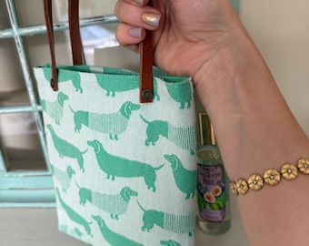 Handmade Dachshund Cotton Purse, Leather Handles