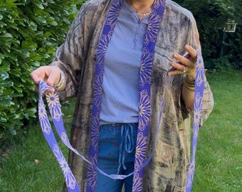 Upcycled Silk Kimono Blouse – Handprinted Boho Summer Top, One Size