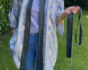 Handmade Silk Kimono Blouse with Belt – One Size Boho Summer Top