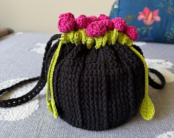 Handmade Crochet Crossbody Bag, Cotton Roses, Trendy Mini Purse
