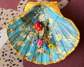 Decoupaged Scallop Shell Ring Dish, Handmade Coastal Decor