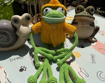 Crochet Frog Amigurumi Doll, Yellow Rain Jacket, Handmade Cotton Toy Medium size