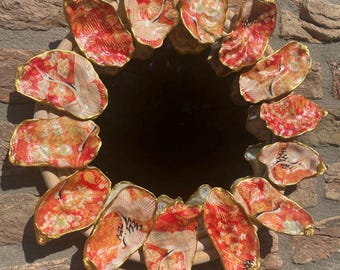 Handmade Oyster Shell Mirror, Japanese Kimono Print Decor