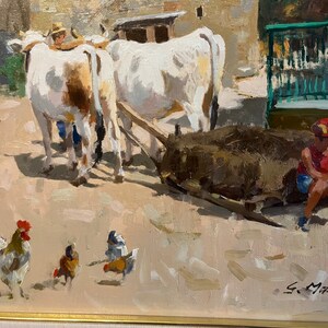 Painting Graziano Marsili Tuscan painter Giuseppe Mazzon Post Macchiaioli Oxen countryside Canvas 40 x 30 cm Italian Tuscany painter oil