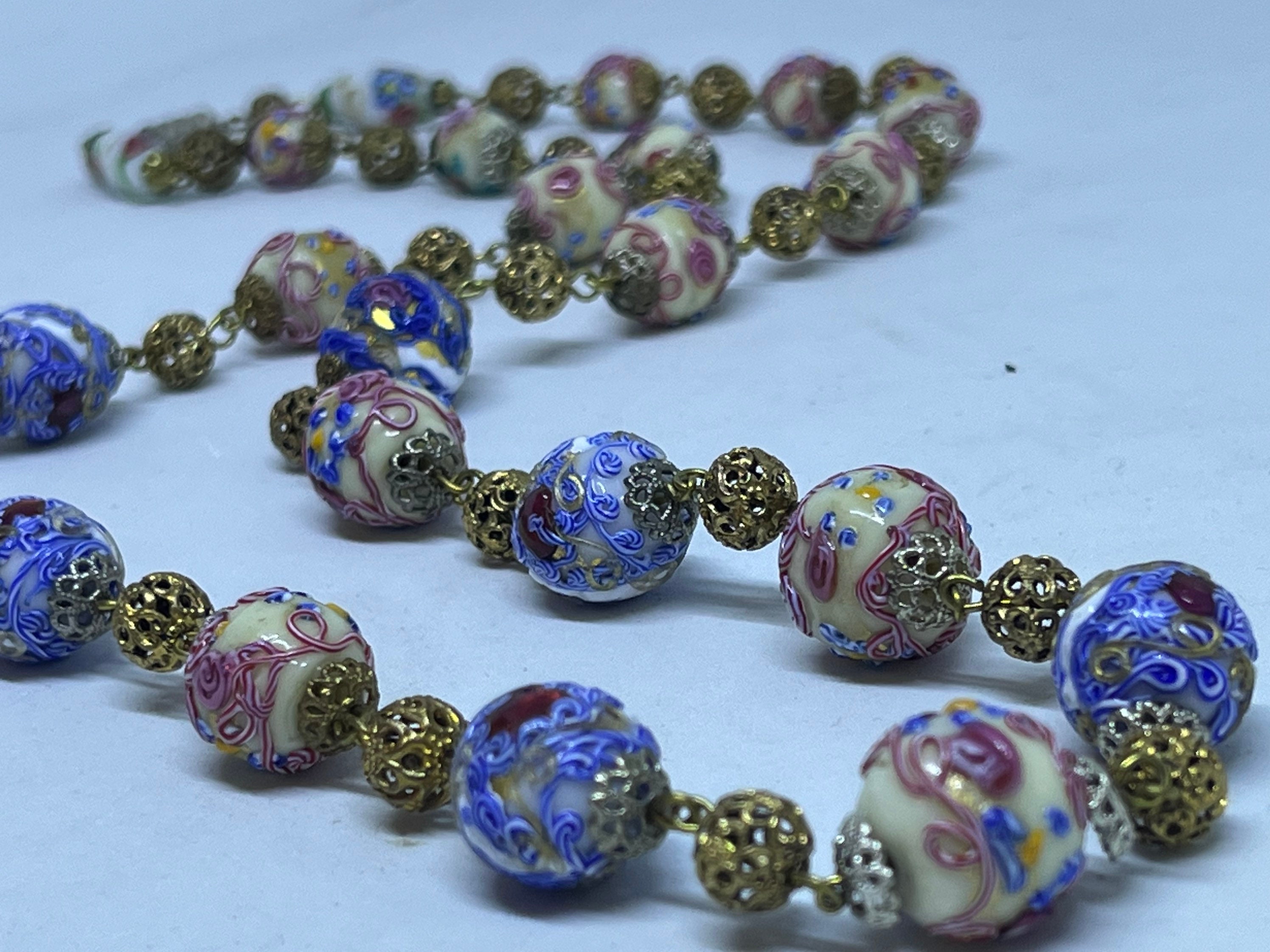 Collier Vintage Perles De Verre Millefiori – Bleu Cobalt – Fait Main (Népal/Thaïlande)