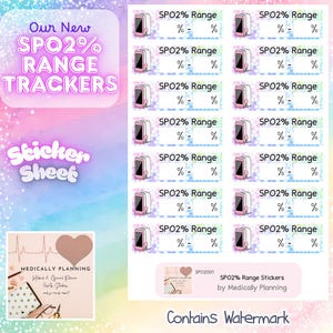 Puede incluir: Una hoja de pegatinas con el texto "Our New SPO2% RANGE TRACKERS" en un degradado rosa y morado. La hoja presenta múltiples pegatinas con un gráfico de dispositivo médico rosa y el texto "SPO2% Range". También hay una imagen más pequeña con el texto "MEDICALLY PLANNING".