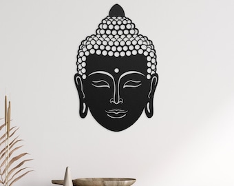 Buddha Gesicht Metall Wand Kunst | Zen Stahl Wandschild | Meditationsraum Dekor | Spirituelles asiatisches Zuhause | Buddha Wandakzent | Yoga-Studio