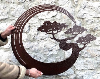 Bonsai Tree Metal Wall Art, Zen Enso Circle Steel Sign, Japanese Nature Laser Cut Decor, Rustic Brown Rust Iron Sculpture, Meditation Gift