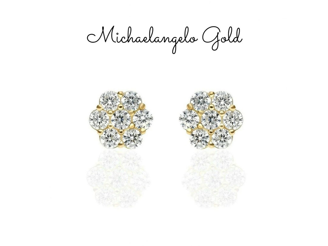 Pure 14K Solid Gold Earrings Diamond Earrings Round Cut Etsy