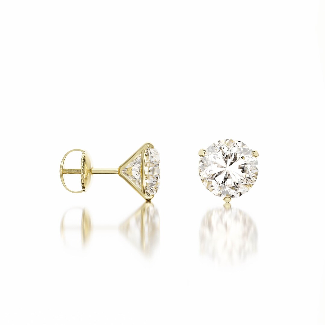 14K Man Made Diamond Earrings Genuine 14K Solid Yellow Gold Round Screw