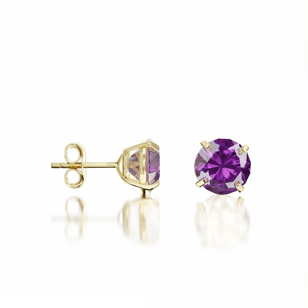 14K Purple Man Made Diamond Earrings Genuine 14K Solid Yellow Gold
