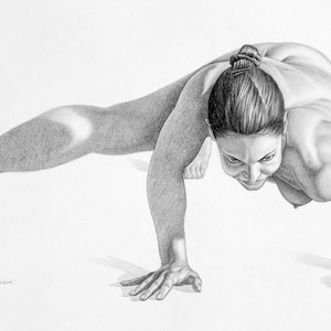 May include: A detailed pencil drawing of a person in a yoga pose, balancing on hands with one leg extended. The figure is nude, with a bun hairstyle. The artwork is in grayscale, with shading creating depth and form.