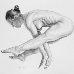 May include: A grayscale pencil drawing of a person in a complex pose, with limbs intertwined. The figure is nude, emphasizing the body's shape and muscle definition. The artwork uses shading to create depth and a three-dimensional effect.