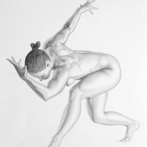 May include: A pencil sketch depicting a person in a graceful, athletic pose. The figure is nude, with detailed shading highlighting the musculature. The hair is styled in a bun. The artist's signature is visible in the lower right corner.