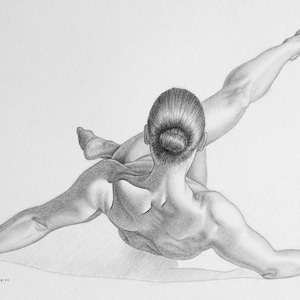 May include: Pencil drawing of a person in a yoga pose, viewed from the back. The figure is in a dynamic pose with arms and legs extended. The hair is pulled back in a bun. The drawing is in grayscale.