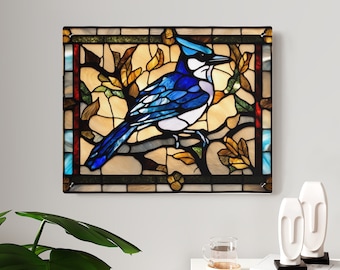 Arte de aves Blue Jay pintura vidrieras acrílico pared arte naturaleza inspirada decoración del hogar