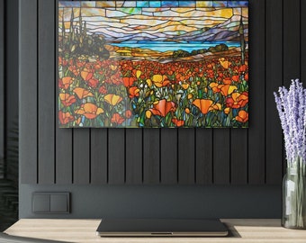 California Poppy Field Acrylic Print: Stained Glass Style Landscape Art
