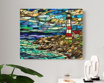 May include: A stained glass style illustration of a lighthouse on a rocky shore with blue water and a cloudy sky. The lighthouse is red and white with a black roof. The water is a vibrant blue and green.