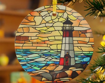 Stained Glass Lighthouse Ornament: Coastal Sunset Window Hanging